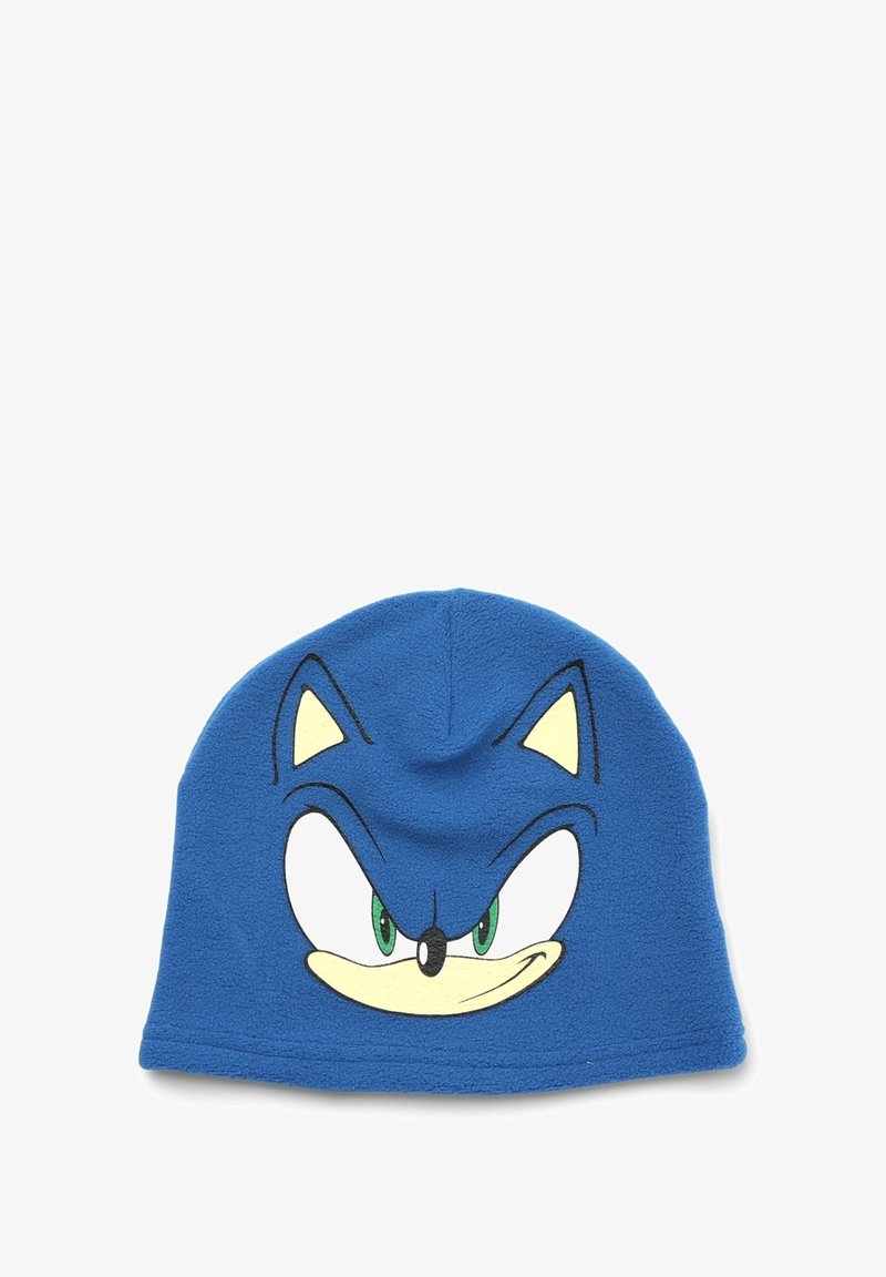 Niebieska dziana czapka z daszkiem z wizerunkiem postaci z kreskówki z zielonymi oczami, żółtymi akcentami oraz wyraźnymi cechami, takimi jak spiczaste uszy i uśmieszek.