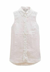 Cămașă din in albă fără mâneci, cu un fermoar frontal și un tiv fronsat, având un croi lejer.