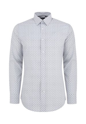 Koszula z guzikami w jasnoniebieskim kolorze z powtarzającym się wzorem geometricznym. Długie rękawy, kołnierzyk i lekko zaokrąglony dół oraz gładka faktura.