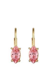 Des boucles d'oreilles en métal doré avec des pierres précieuses coupées en marquise de couleur rose, fixées par des sertissages en griffes, présentant une finition lisse et polie.