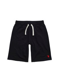 Shorts noirs en tissu doux avec une taille élastique, un cordon de serrage blanc contrastant, des poches latérales et un détail de logo rouge.