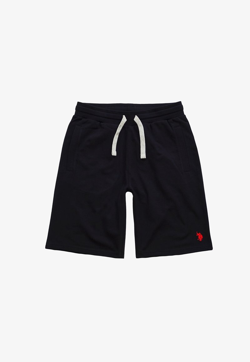 Shorts noirs en tissu doux avec une taille élastique, un cordon de serrage blanc contrastant, des poches latérales et un détail de logo rouge.