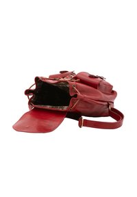 Borsa in pelle rossa con patta aperta, tracolla regolabile e motivo interno. Presenta accessori decorativi e più scomparti.
