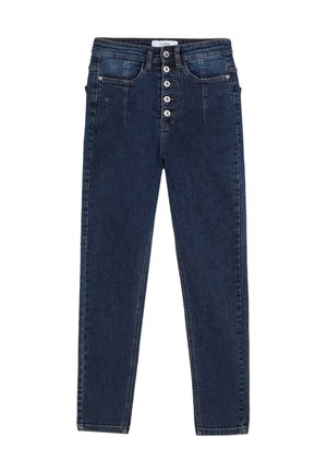Mørkeblå denimjeans med højtaljet pasform, knaplukning foran, for- og baglommer samt taperet ben.