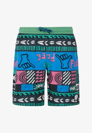 Zwemshorts met een groene tailleband en trekkoord, versierd met een levendig patroon van blauwe, roze en zwarte vormen en grafische ontwerpen.