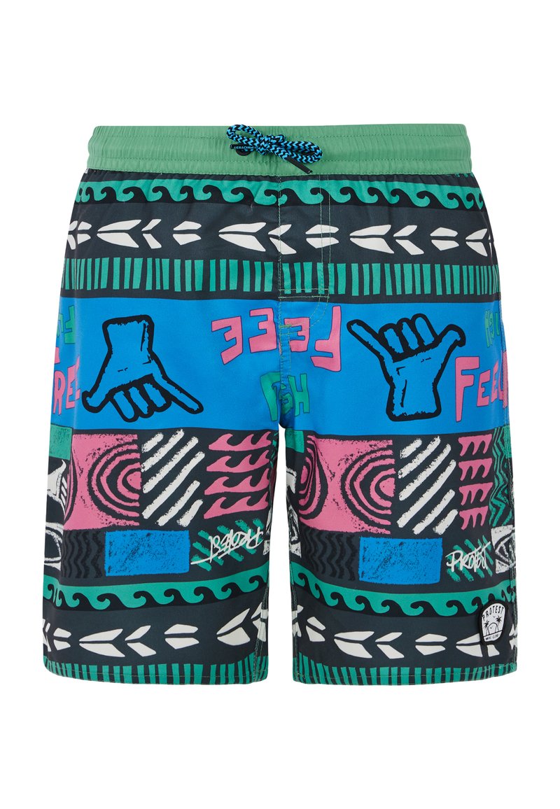 Costume da bagno con vita verde e cordoncino, caratterizzati da un vivace motivo di forme e grafiche nei colori blu, rosa e nero.
