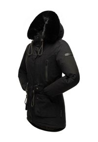 Black parka jacket featuring a faux fur hood, front zip, button closure, two side pockets, and a drawstring waist. Weather-resistant material.