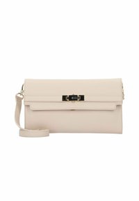 Borsa a pochette in pelle color beige chiaro con una finitura testurizzata, dotata di un clasp in metallo nero e di una tracolla staccabile per diverse opzioni di trasporto.