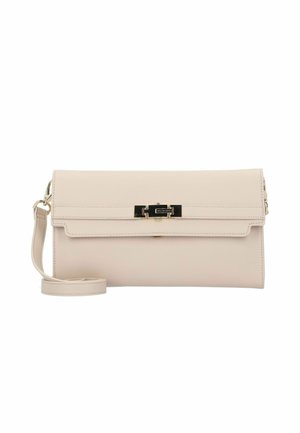 Borsa a pochette in pelle color beige chiaro con una finitura testurizzata, dotata di un clasp in metallo nero e di una tracolla staccabile per diverse opzioni di trasporto.