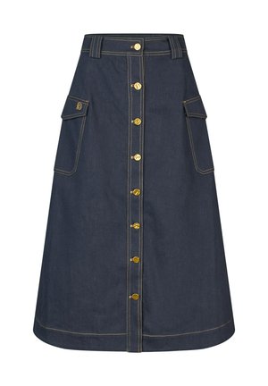 Dunkelblaue Jeans mit hoher Taille, Frontknopfverschluss und zwei Seitentaschen. Verfügt über kontrastierende goldene Nähte und eine figurbetonte Silhouette.