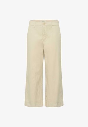 Beige croppede bukser med vid ben, knap- og lynlåslukning, bæltestropper og to forlommer.