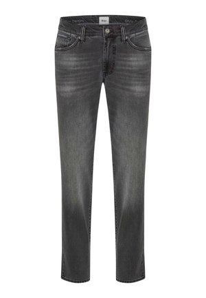 Grå denim jeans med lige snit, fem lommer og subtil falmning. Har en mærket talje og kontraststikninger.