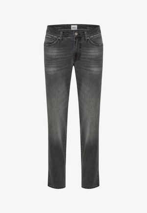 Grå denim jeans med lige snit, fem lommer og subtil falmning. Har en mærket talje og kontraststikninger.