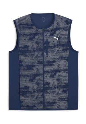 Chaleco sin mangas azul marino con panel frontal gris texturizado, cremallera completa frontal, bolsillo con cremallera en el pecho y pequeño logo blanco de Puma en el pecho.