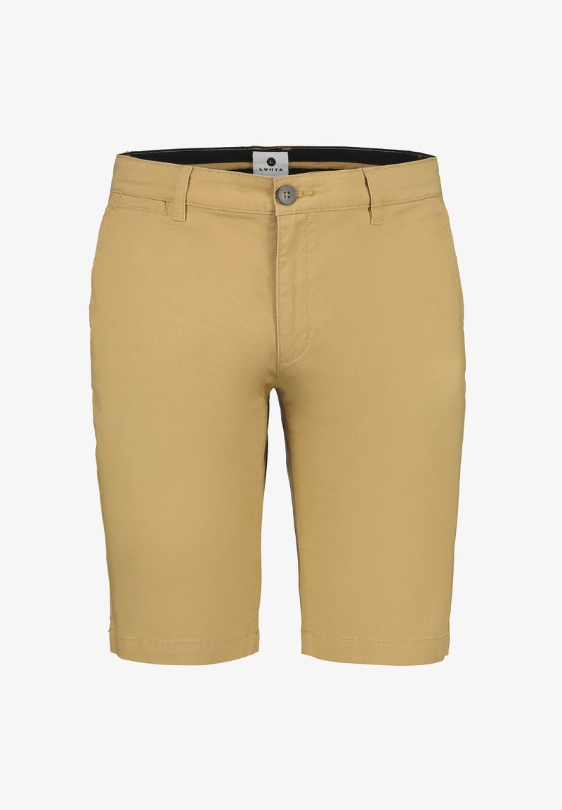 Pantalones cortos beige para hombre hasta la rodilla con cierre de botones, trabillas para cinturón y bolsillos delanteros, exhibidos sobre un fondo blanco.