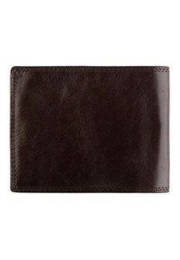 Portefeuille en cuir marron foncé avec une texture lisse, de forme rectangulaire et des détails de couture le long des bords. Pas de marque ou de motifs visibles.