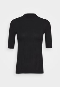 Haut noir à col montant, à manches courtes et à côtes. Fabriqué en matière douce et extensible, il présente une coupe ajustée et une finition texturée.