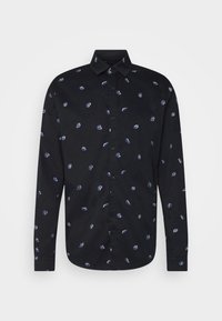 Camicia nera con design a bottoni, maniche lunghe e piccoli motivi circolari blu su tutta la superficie. Collo classico e orlo curvo.