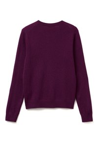 Purple knitted sweater with long sleeves, round neck, and ribbed cuffs and hem. Smooth texture and solid color, no visible patterns.