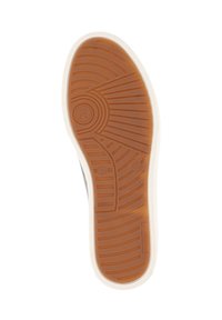 Suola di scarpa in gomma con una superficie marrone testurizzata e bordo bianco, caratterizzata da un logo circolare e dimensione numerata 41, progettata per aderenza e durata.