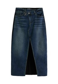 Denimhame, joka on tummansininen ja jossa on etuläppä, jämäkkä vyötärö ja mustat kankaat sivuilla.