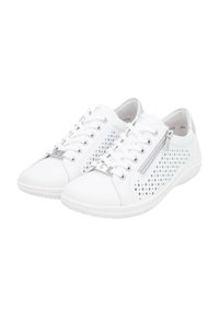 White sneaker with perforated detailing, round toe, lace-up design, and silver zipper accent. Smooth leather material, textured sole.