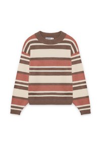 Suéter a rayas en tonos terrosos de marrón, crema y rosa suave. Presenta un cuello redondo y puños acanalados. Textura suave y ajuste holgado.