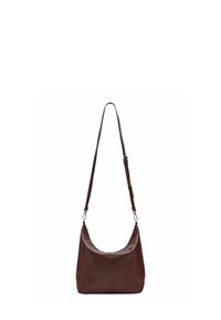 Bordowa skórzana torba na ramię o zaokrąglonym kształcie, regulowanym pasku i srebrnych elementach metalowych. Gładka faktura z subtelnym detalem brandingowym.