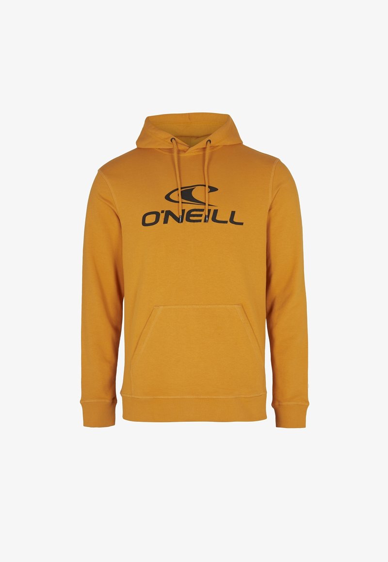 Gelbe Kapuzenjacke aus Baumwolle, mit einer Kängurutasche, verstellbarem Kapuzenzug und einem großen schwarzen O'Neill-Logo auf der Vorderseite.