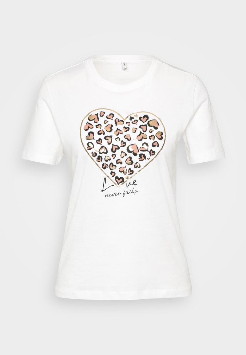 Camiseta de algodón blanca con un gráfico de corazón que presenta un patrón de leopardo en rosa, naranja y negro, y el texto "El amor nunca falla" debajo.