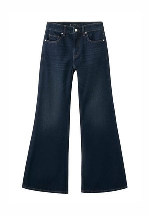 Granatowe dzwony z denimu o wysokim stanie, z pięcioma kieszeniami i kontrastującym przeszyciem. Gładka faktura z szerokim otwarciem nogawki.