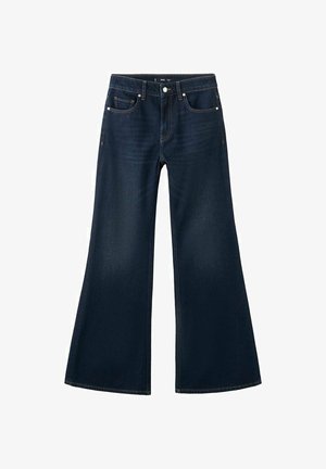 Granatowe dzwony z denimu o wysokim stanie, z pięcioma kieszeniami i kontrastującym przeszyciem. Gładka faktura z szerokim otwarciem nogawki.