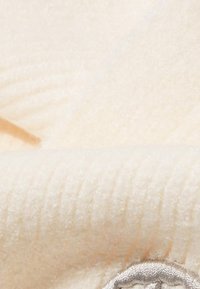 Tessuto beige con una superficie morbida e tessurizzata, caratterizzato da leggere scanalature e un delicato dettaglio ricamato in argento lungo il bordo.
