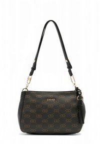 Schwarze Handtasche aus Kunstleder mit braunem Logomuster, goldfarbenen Beschlägen, verstellbarem Riemen und seitlichem Quastenakzent. Kompaktes und strukturiertes Design.