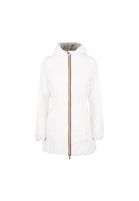 Witte waterdichte jas met capuchon, voorzien van een rits aan de voorkant met een meerkleurige stripe. Elastische manchetten en een casual silhouet.