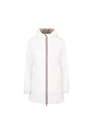 Biała wodoodporna kurtka z kapturem, z przodem zapinanym na zamek z wielokolorowym paskiem. Elastyczne mankiety i swobodny krój.