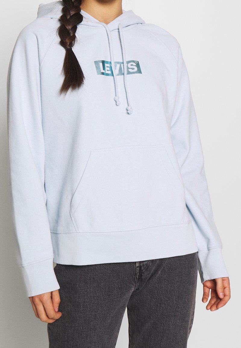 Personne portant un sweat à capuche Levi's bleu clair avec poche avant et cordons, associé à un jean gris foncé, sur un fond uni.