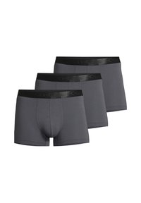 Slip boxer da uomo, confezione da tre, tessuto grigio scuro, materiale elasticizzato, elastico nero in vita con logo, texture liscia, design aderente.