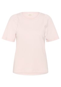 T-shirt corto a maniche corte di colore rosa chiaro, realizzato in tessuto morbido e elasticizzato. Presenta un colletto rotondo e maniche leggermente a sbuffo per un tocco in più.