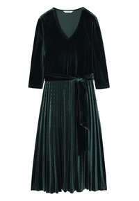 Dark green velvet dress with a V-neck, long sleeves, pleated skirt, and a tied belt at the waist. Smooth texture and elegant design.