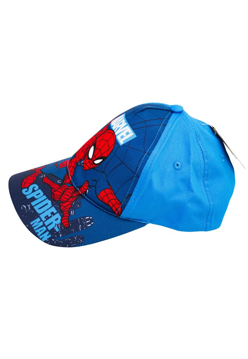 Cappellino da baseball blu con una grafica di Spider-Man sulla parte frontale. Realizzato in tessuto con un visiera curvata e dettagli cuciti. Regolabile sul retro.