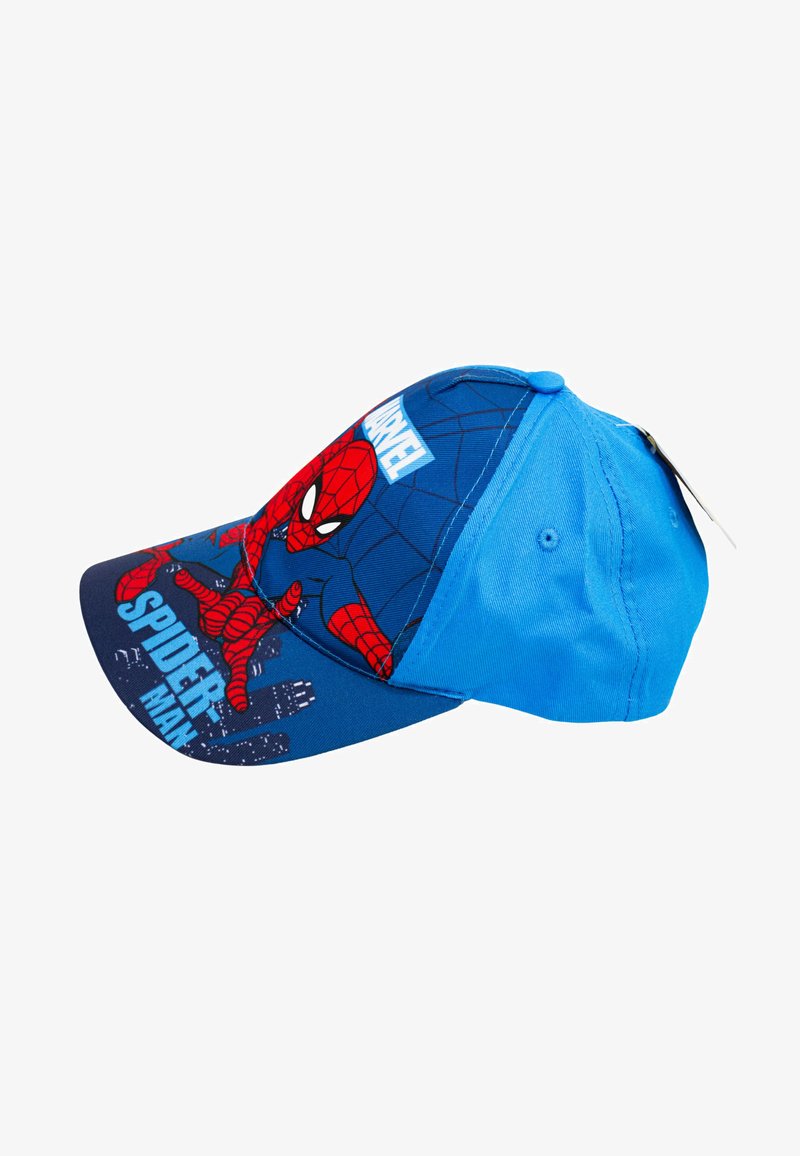 Cappellino da baseball blu con una grafica di Spider-Man sulla parte frontale. Realizzato in tessuto con un visiera curvata e dettagli cuciti. Regolabile sul retro.