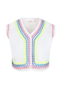 Top sans manches blanc avec une broderie en zigzag colorée en rose, vert, bleu et jaune le long des bords avant et de l'encolure.