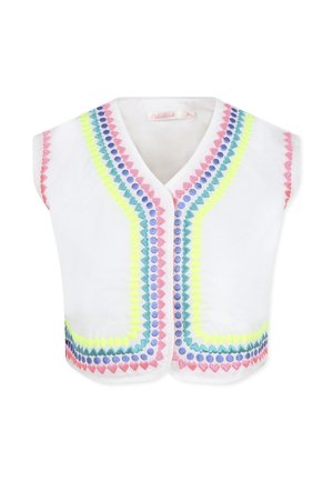 Witte mouwloze top met kleurrijke zigzagborduursels in roze, groen, blauw en geel langs de voorranden en de halslijn.