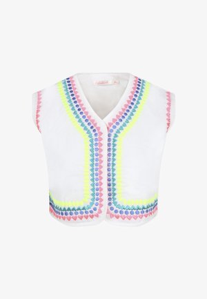 Witte mouwloze top met kleurrijke zigzagborduursels in roze, groen, blauw en geel langs de voorranden en de halslijn.