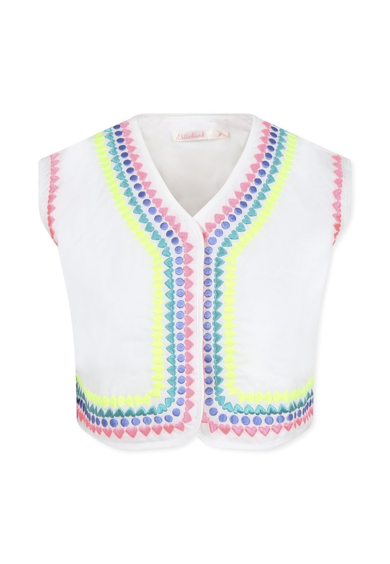 Top sans manches blanc avec une broderie en zigzag colorée en rose, vert, bleu et jaune le long des bords avant et de l'encolure.