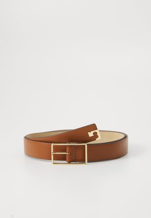 Brown leather belt with a smooth texture, featuring a gold metal buckle and a simple design. Includes a numeric accent on the strap.