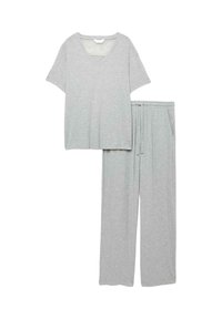 Grå loungewear sæt med en V-hals, kortærmet top og matchende bukser. Blødt materiale, løs pasform og elastisk talje på bukserne.