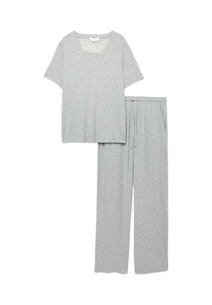 Grå loungewear sæt med en V-hals, kortærmet top og matchende bukser. Blødt materiale, løs pasform og elastisk talje på bukserne.
