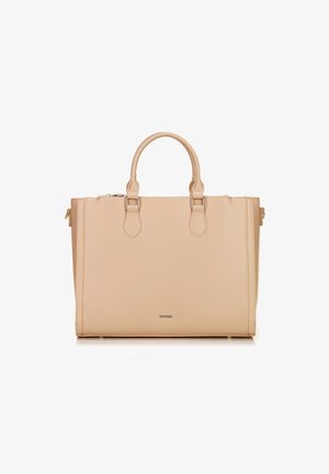 Beige synthetische handtas met dubbele handvaten, gouden hardware en een ritssluiting. Heeft gestikte accenten en een rechthoekige vorm.
